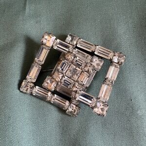 Vintage Brooch Art Deco MCM Silver Tone Rhinestones Baguette Geometric 3D